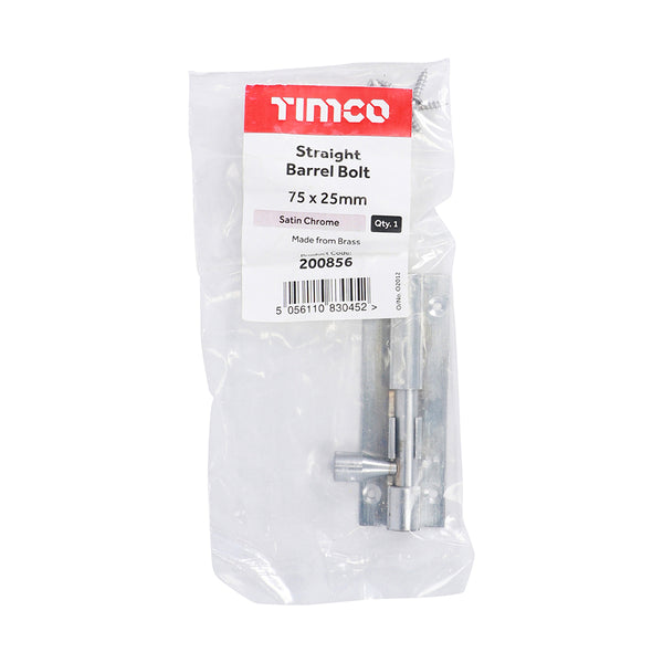 Timco Straight Barrel Bolt - Satin Chrome 75 x 25mm