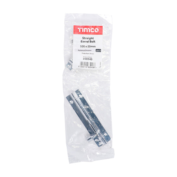 Timco Straight Barrel Bolt - Polished Chrome 100 x 25mm