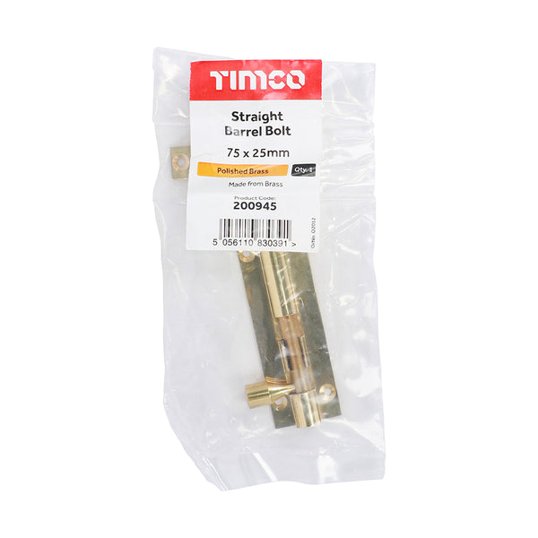 Timco Straight Barrel Bolt - Polished Brass 75 x 25mm