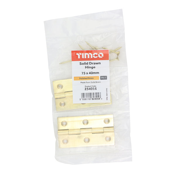 Timco Solid Drawn Hinge - Solid Brass - Polished Brass 75 x 40