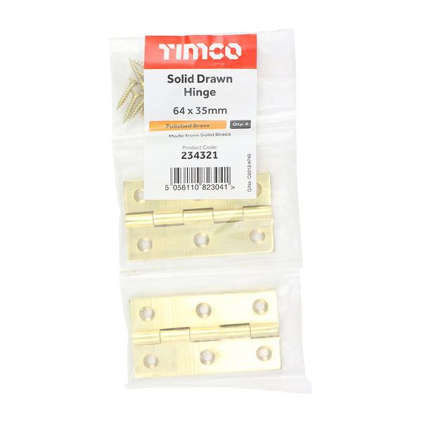 Timco Solid Drawn Hinge - Solid Brass - Polished Brass 64 x 35